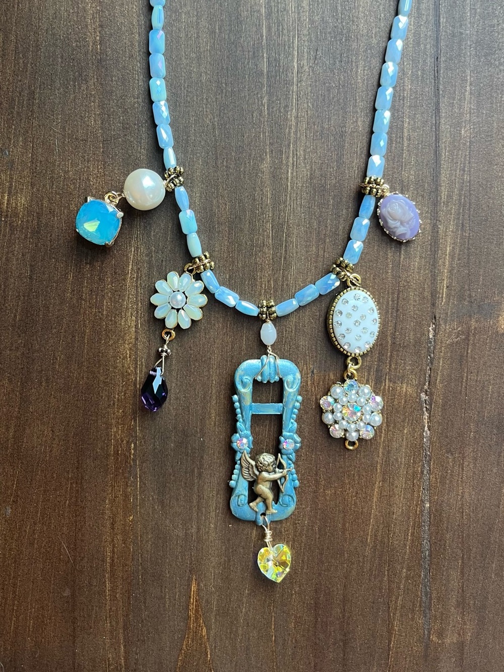 Vintage brass blue centerpiece necklace